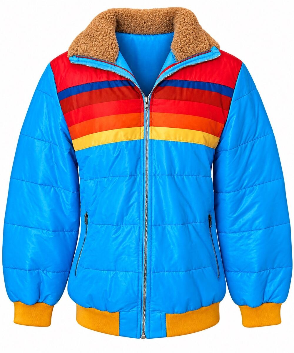Retro Rainbow Stripe Puffer Jacket Sherpa Collar Ski Après Jacket